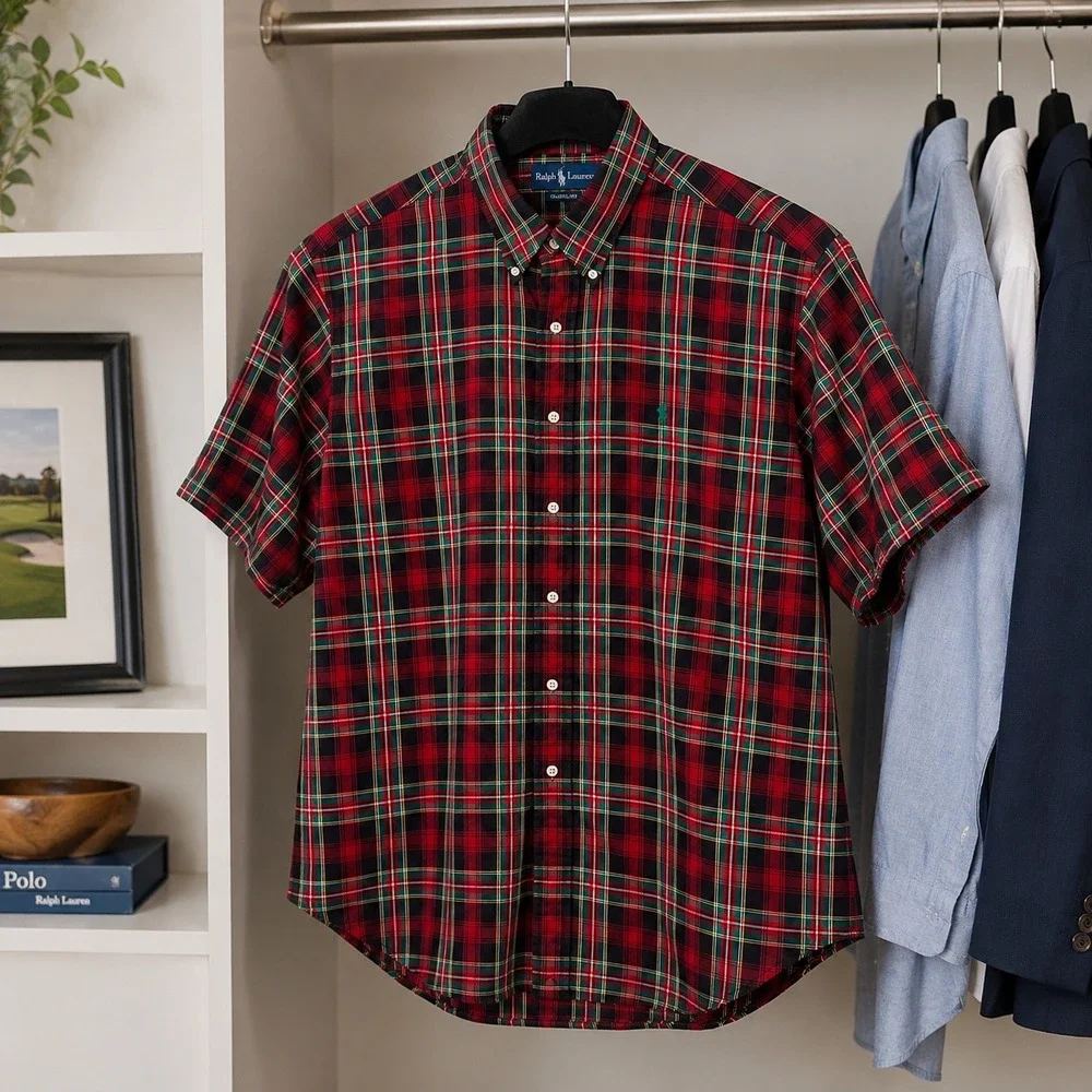Polo Ralph Lauren Mens XXL Classic Fit Short Sleeve Plaid Button Down Shirt Red